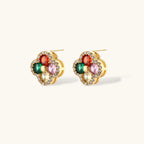 Gold-plated clover jewelry set with red, pink, green and champagne CZ stones surrounded by crystal borders