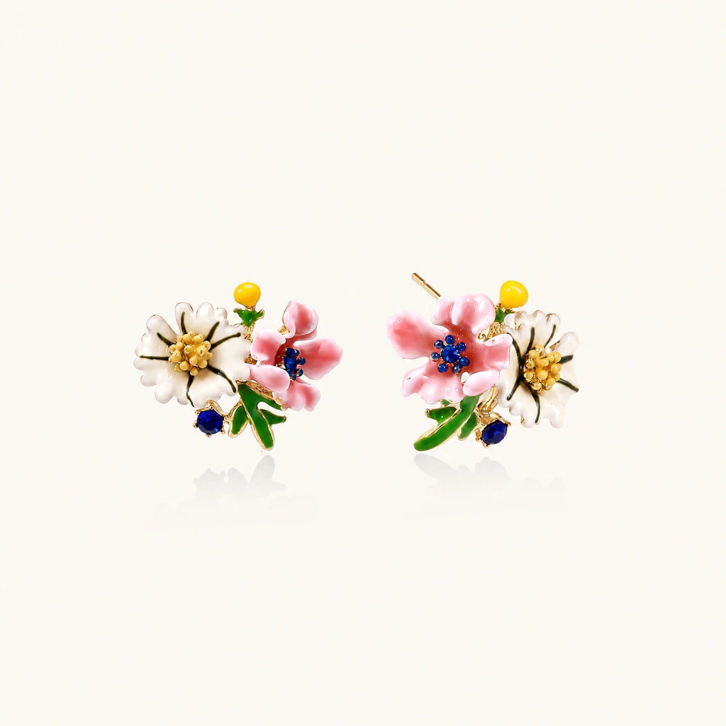 Colorful floral cluster stud earrings with pink blooms, white daisies, yellow accents on gold-plated brass base