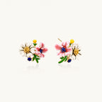 Colorful floral cluster stud earrings with pink blooms, white daisies, yellow accents on gold-plated brass base