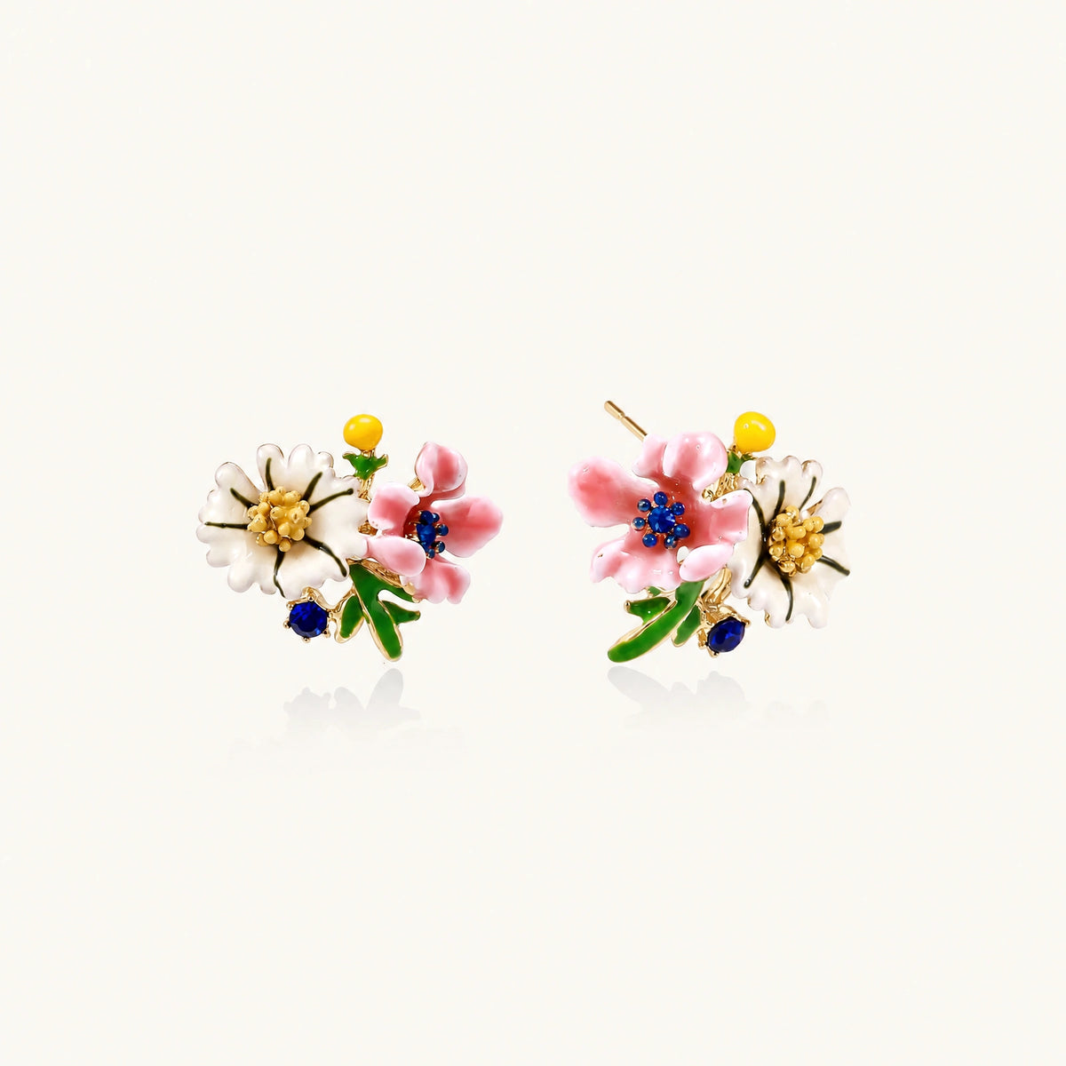Colorful floral cluster stud earrings with pink blooms, white daisies, yellow accents on gold-plated brass base