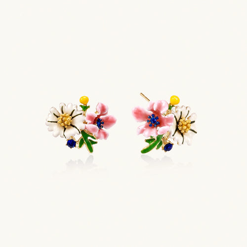 Colorful floral cluster stud earrings with pink blooms, white daisies, yellow accents on gold-plated brass base