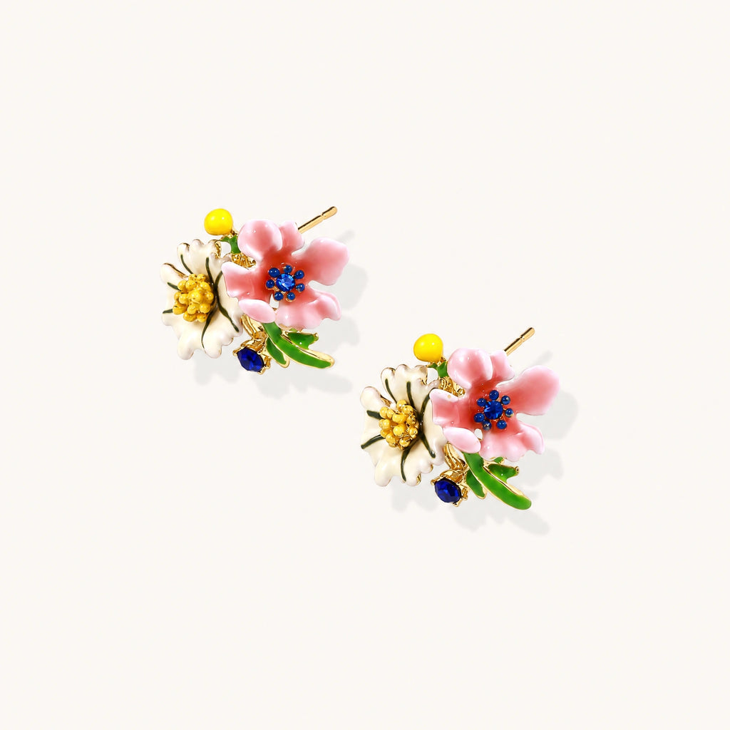 Colorful floral cluster stud earrings with pink blooms, white daisies, yellow accents on gold-plated brass base