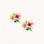Colorful floral cluster stud earrings with pink blooms, white daisies, yellow accents on gold-plated brass base