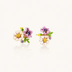 Cluster-style stud earrings with purple pansies, white daisies, yellow centers, and green leaves in glossy enamel finish