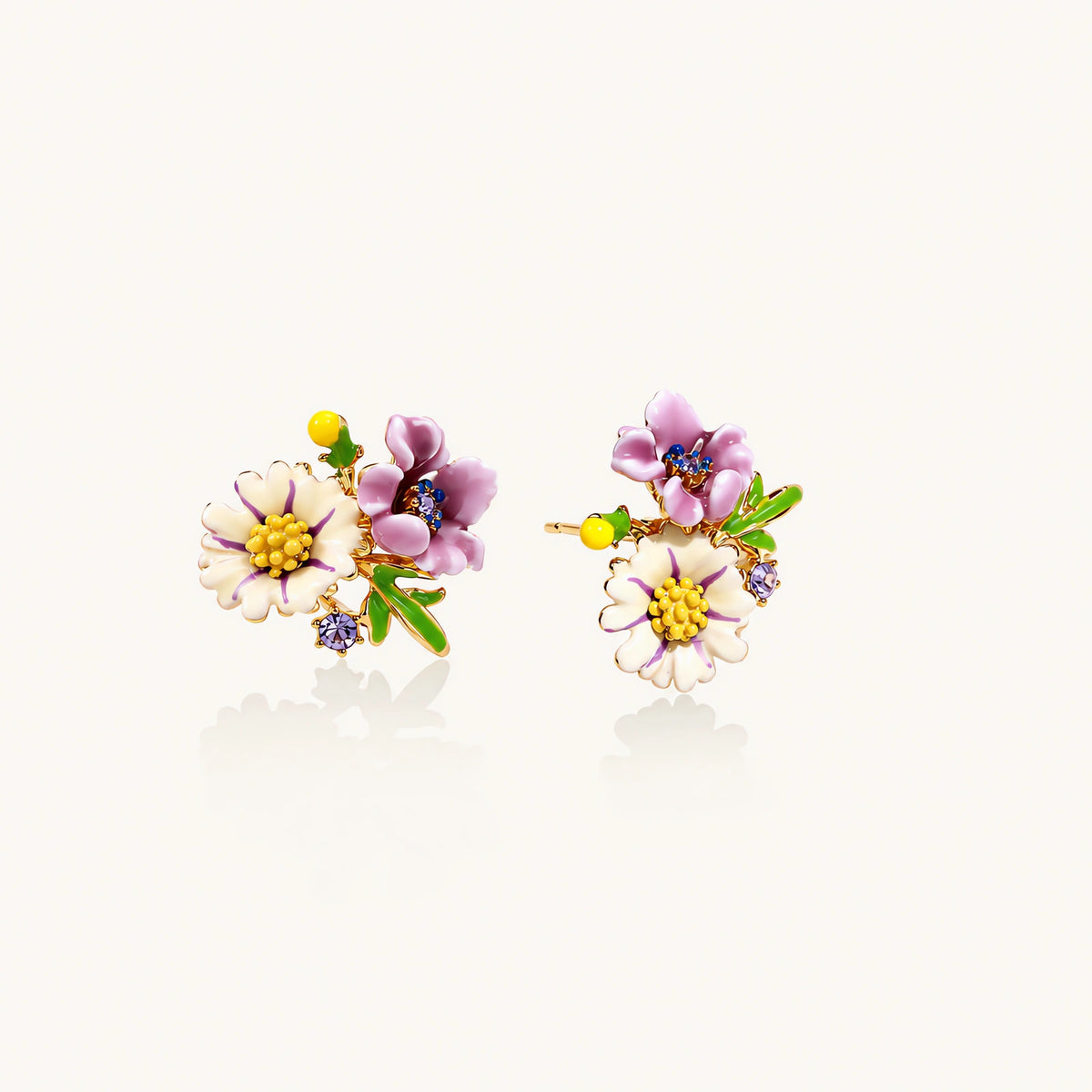 Cluster-style stud earrings with purple pansies, white daisies, yellow centers, and green leaves in glossy enamel finish