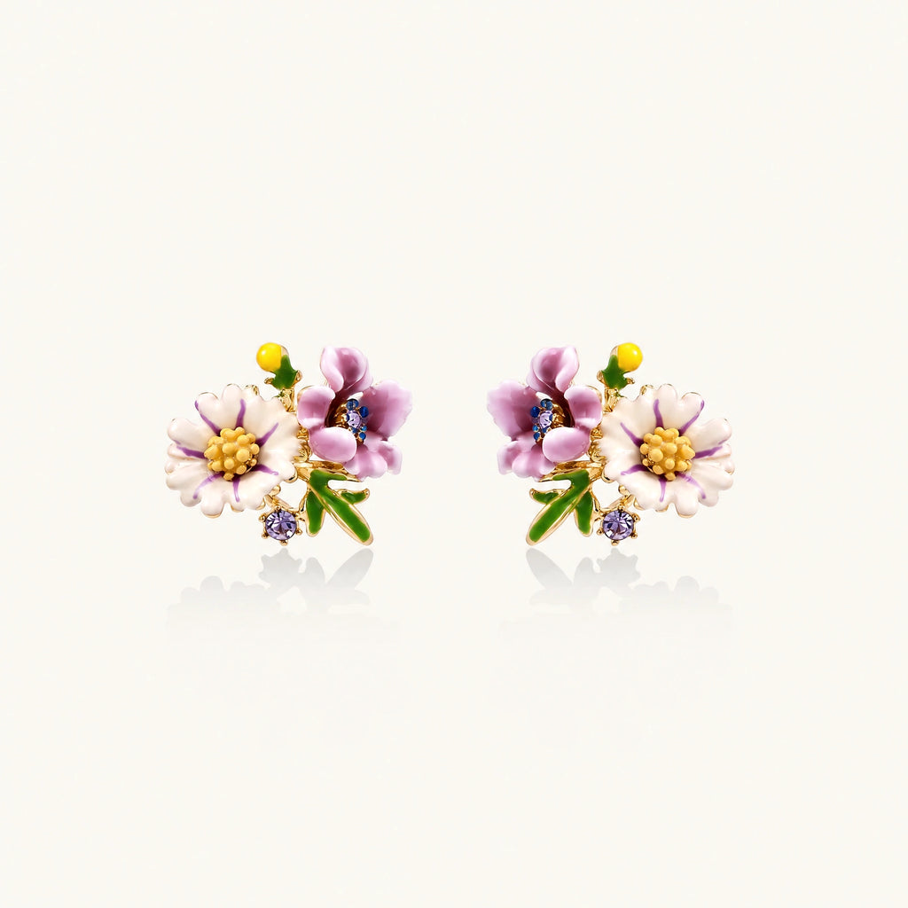 Cluster-style stud earrings with purple pansies, white daisies, yellow centers, and green leaves in glossy enamel finish