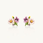 Cluster-style stud earrings with purple pansies, white daisies, yellow centers, and green leaves in glossy enamel finish